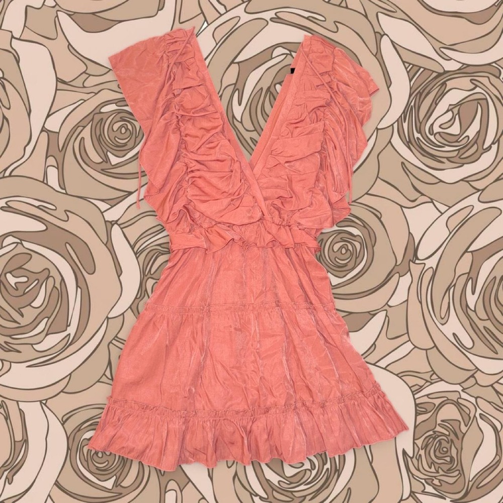Glam Ruffle Mini Dress | Dusty Rose | Deep V-Neck | Size Medium